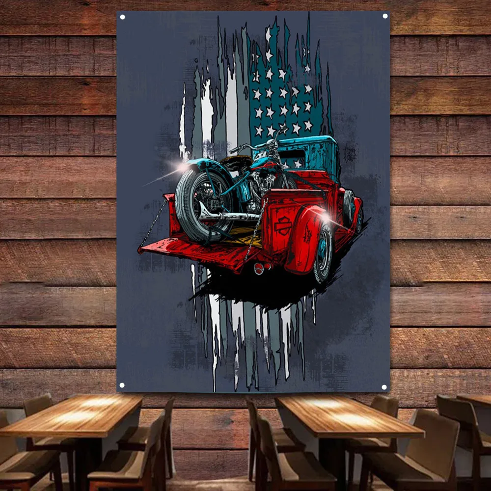 Motorcycle on Car Art Poster W - огляд і ціна Auto Repair Shop Banners
